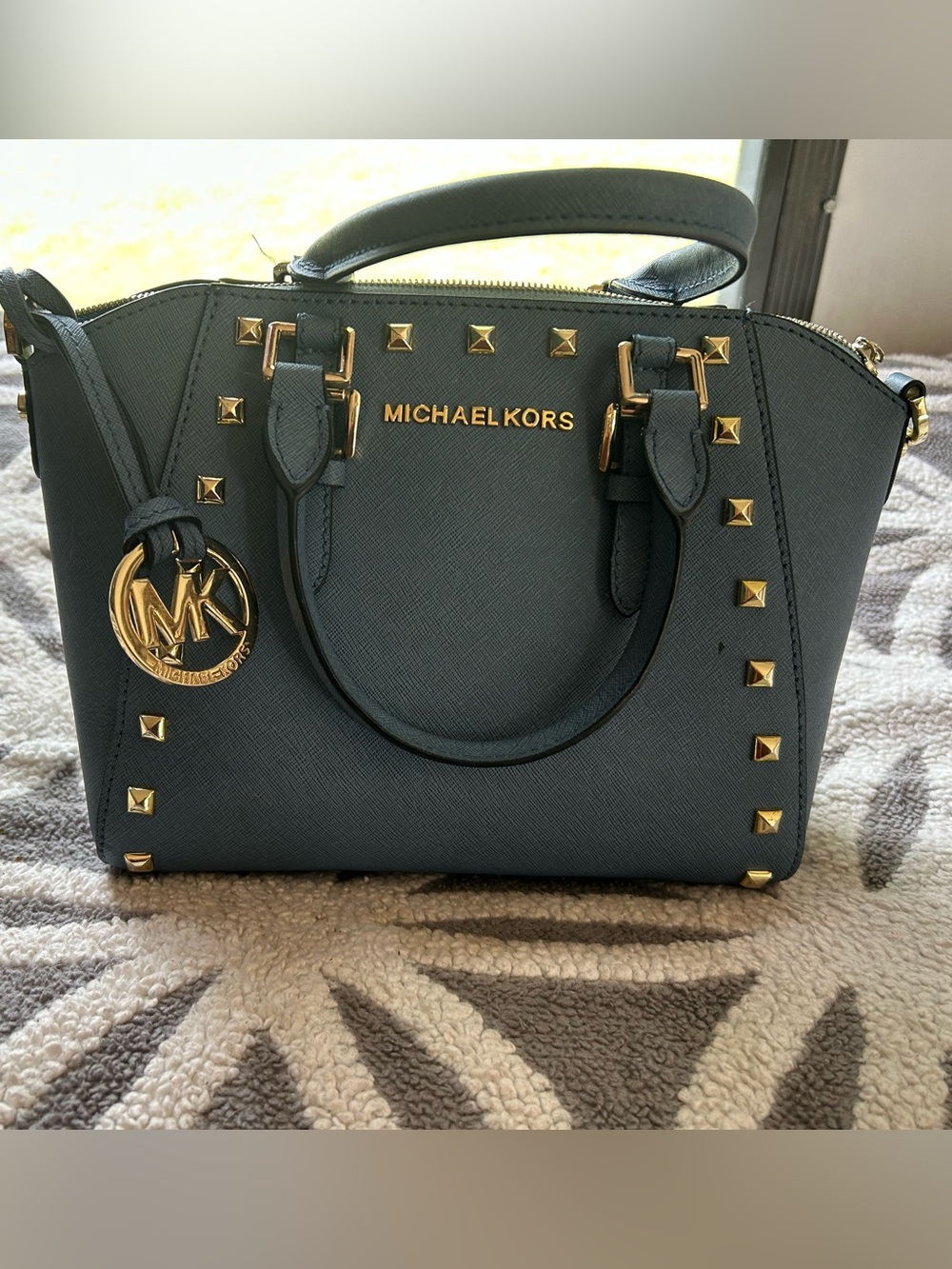 Michael Kors Teal Studded Saffiano Satchel with Gold Hardware